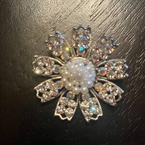 Vintage Silver Tone Brooch with Pearl Cluster Center and Aurora Borealis Stones